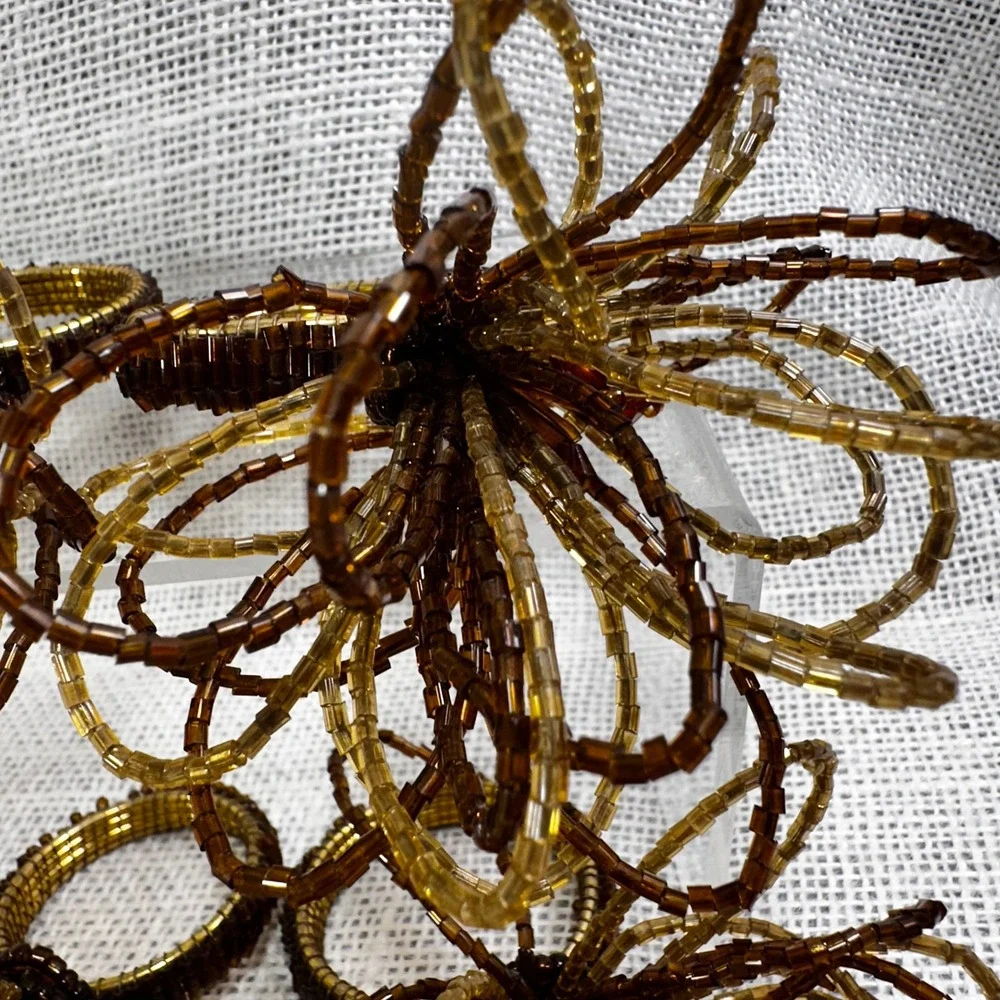 Set of 6 Beaded Napkin Rings Amber‎ Bronze Brown Floral Glass Bead Table Decor